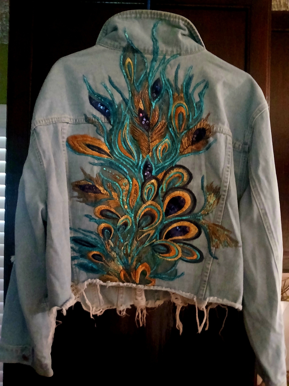 Light Wash Denim Jean Jacket with Peacock Feather Embroidery - Blue/Gold